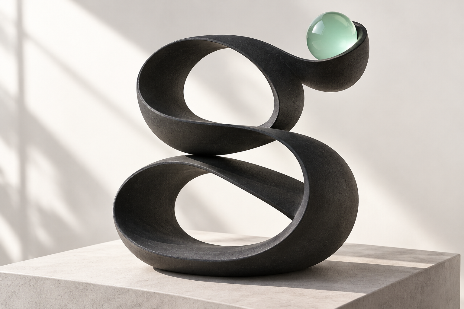 Graphite growth sculpture with a mint glass sphere.